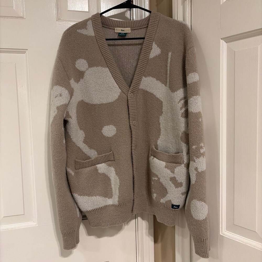 Esc. Beige and White Abstract Pattern V-Neck Button-Up Cardigan Sweater